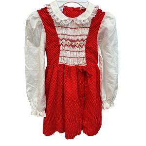Polly Flinders Girls Red Polka Dot Dress Smocked Long Sleeve Size 6X‎ Vintage